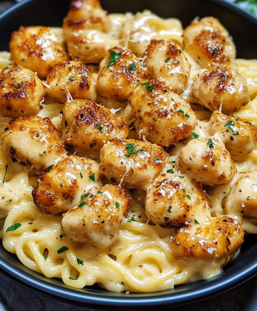 Garlic Butter Chicken Bites with Creamy Parmesan Pasta - Skinny Daily